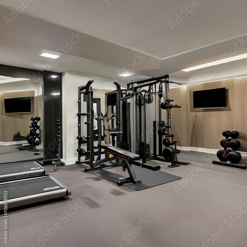 A contemporary home gym with modern exercise equipment and motivational decor1
