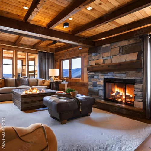 A cozy ski lodge interior with exposed wooden beams and plaid accents1 © ja