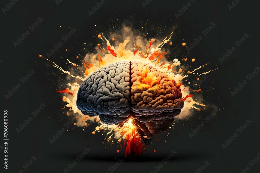 Concept art of a human brain exploding with knowledge and creativity ...