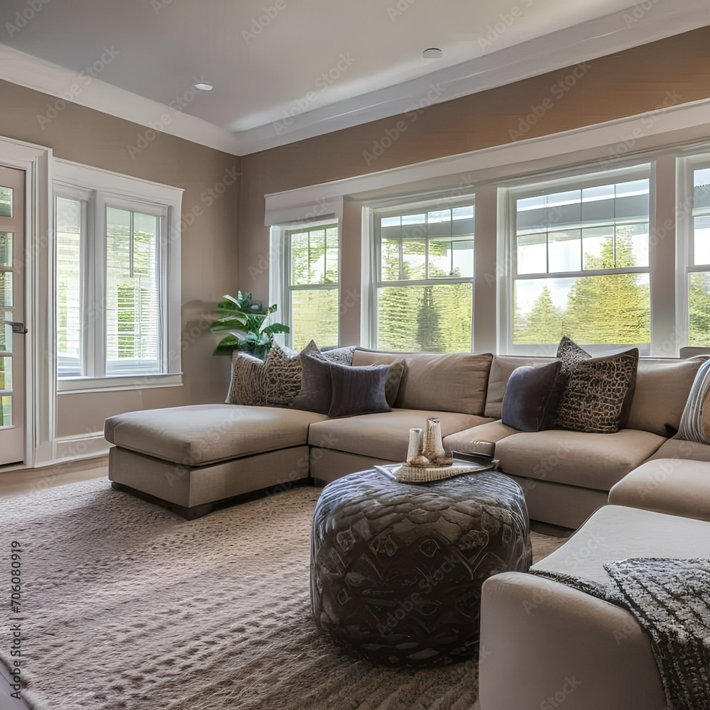 A cozy and inviting family room with a large sectional sofa and plush rugs1