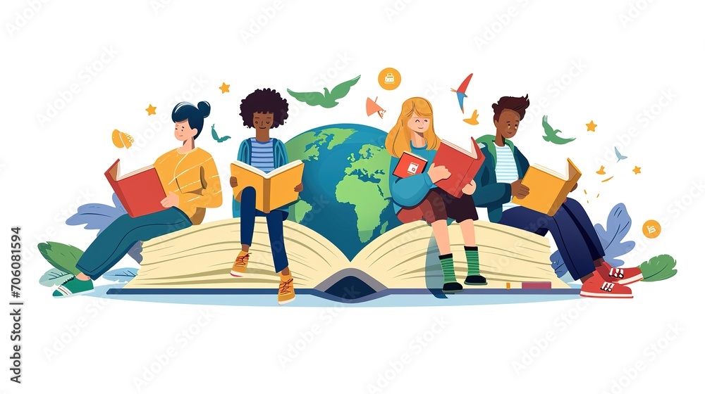 Literacy Day with People celebrate Literacy Day by reading books on the Earth. flat vector illustration. illustration vector isolated on white background. Generative by AI Literacy Day with People celebrate Literacy Day by reading books on the Earth. flat vector illustration. illustration vector isolated on white background. Generative by AI