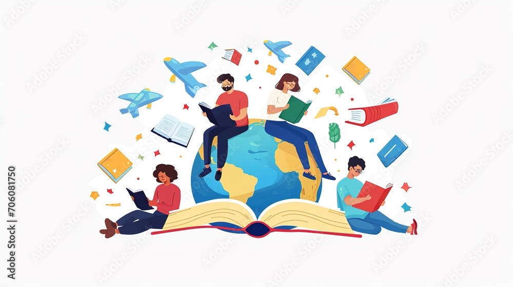 Obraz premium Literacy Day with People celebrate Literacy Day by reading books on the Earth. flat vector illustration. illustration vector isolated on white background. Generative by AI