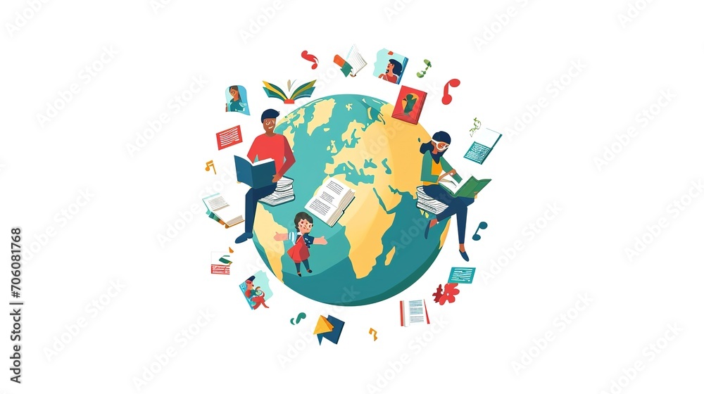 Obraz premium Literacy Day with People celebrate Literacy Day by reading books on the Earth. flat vector illustration. illustration vector isolated on white background. Generative by AI
