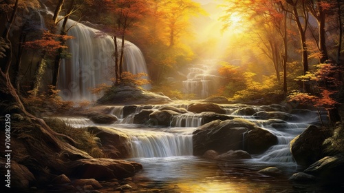 Sunlight breaking through the canopy, casting a warm glow on a picturesque waterfall framed by vibrant foliage.