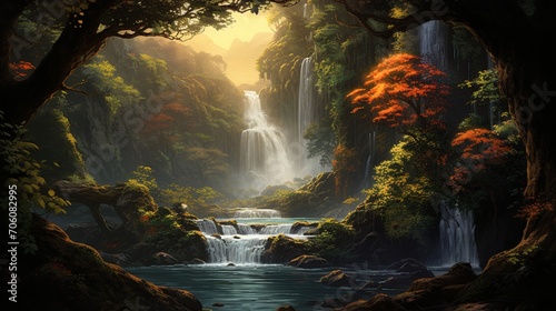 Sunlight breaking through the canopy  casting a warm glow on a picturesque waterfall framed by vibrant foliage.