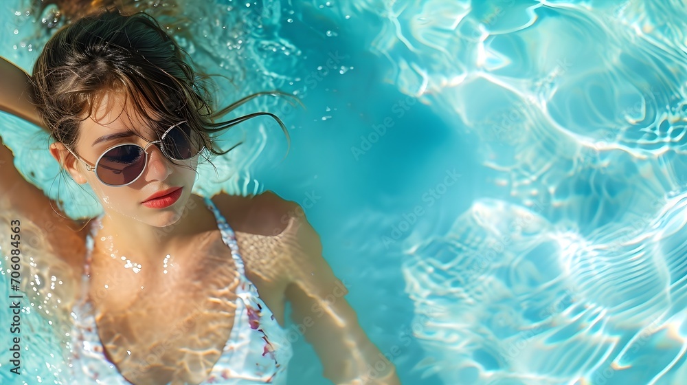 Naklejka premium Young Woman In Sunglasses Chilling At The Pool On A Sunny Day. (Generative AI).