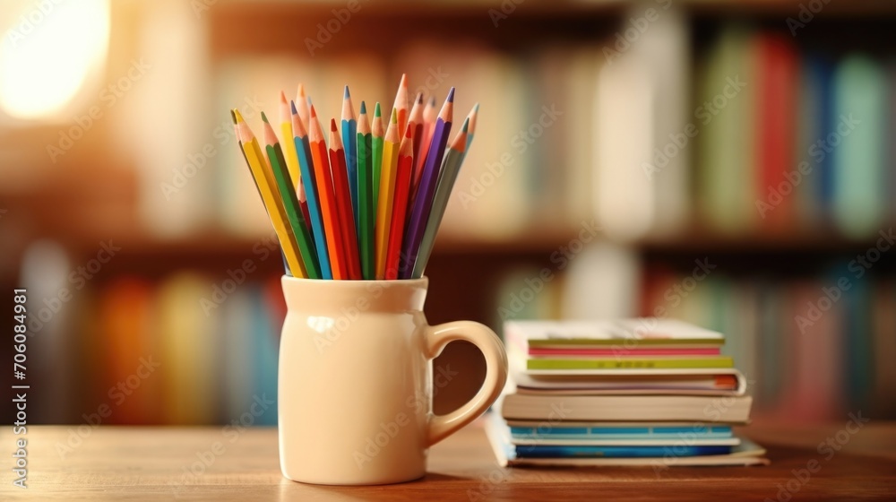 Fototapeta premium Closeup of a stack of books and a mug filled with pencils and pens on a desk in a tiny house study.