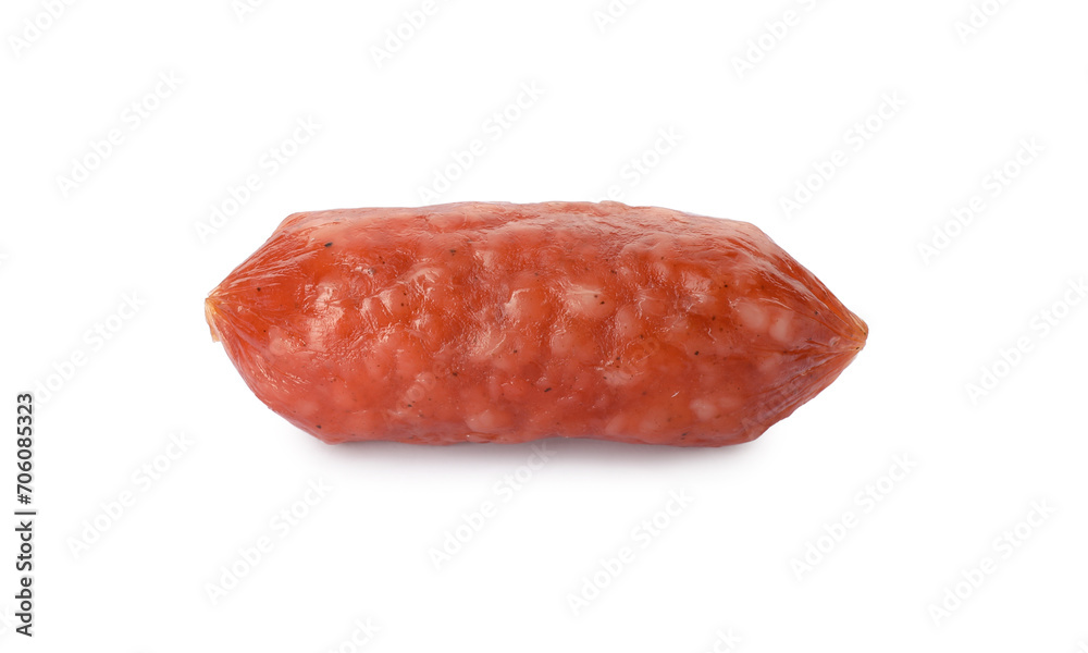 One thin dry smoked sausage isolated on white One thin dry smoked sausage isolated on white