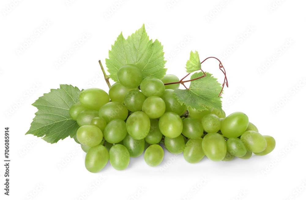 Fresh ripe grapes and leaves isolated on white Fresh ripe grapes and leaves isolated on white