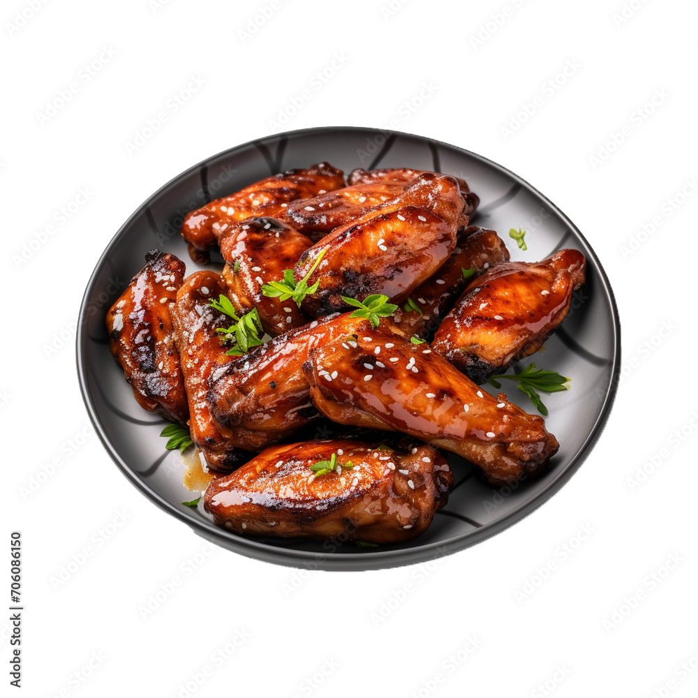 Grilled chicken wings in bowl on transparent background