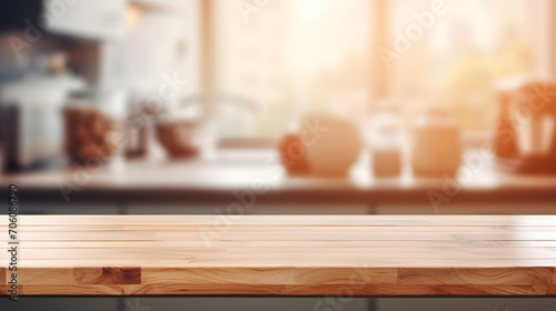 Empty beautiful wood table top counter and blur bokeh modern kitchen interior background in clean and bright Banner  Ready for product montage. Generative AI illustration