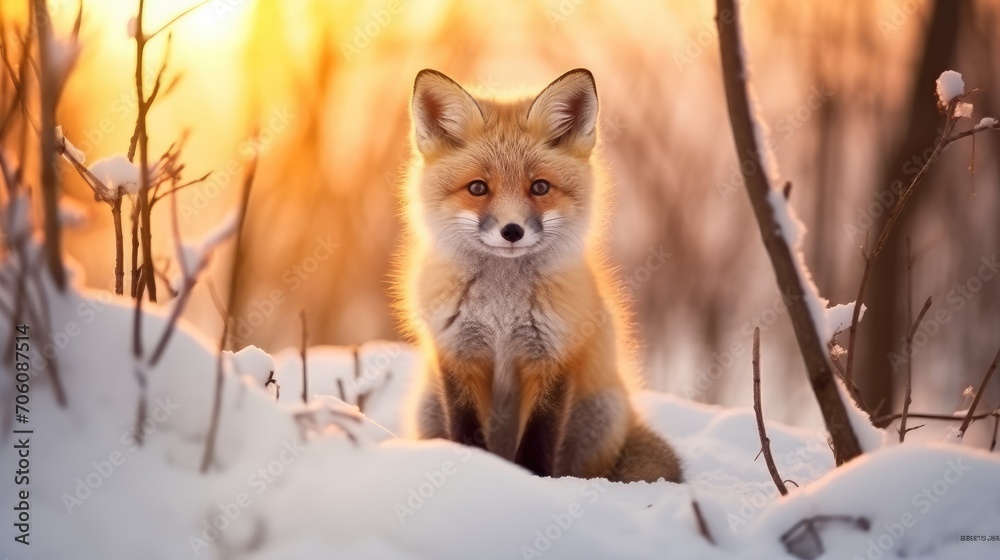 Red Fox Standing Amid a Snow-Covered Landscape at Golden Hour