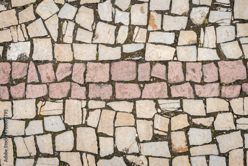 A road paved with stones, a green grass between stones on the sidewalk