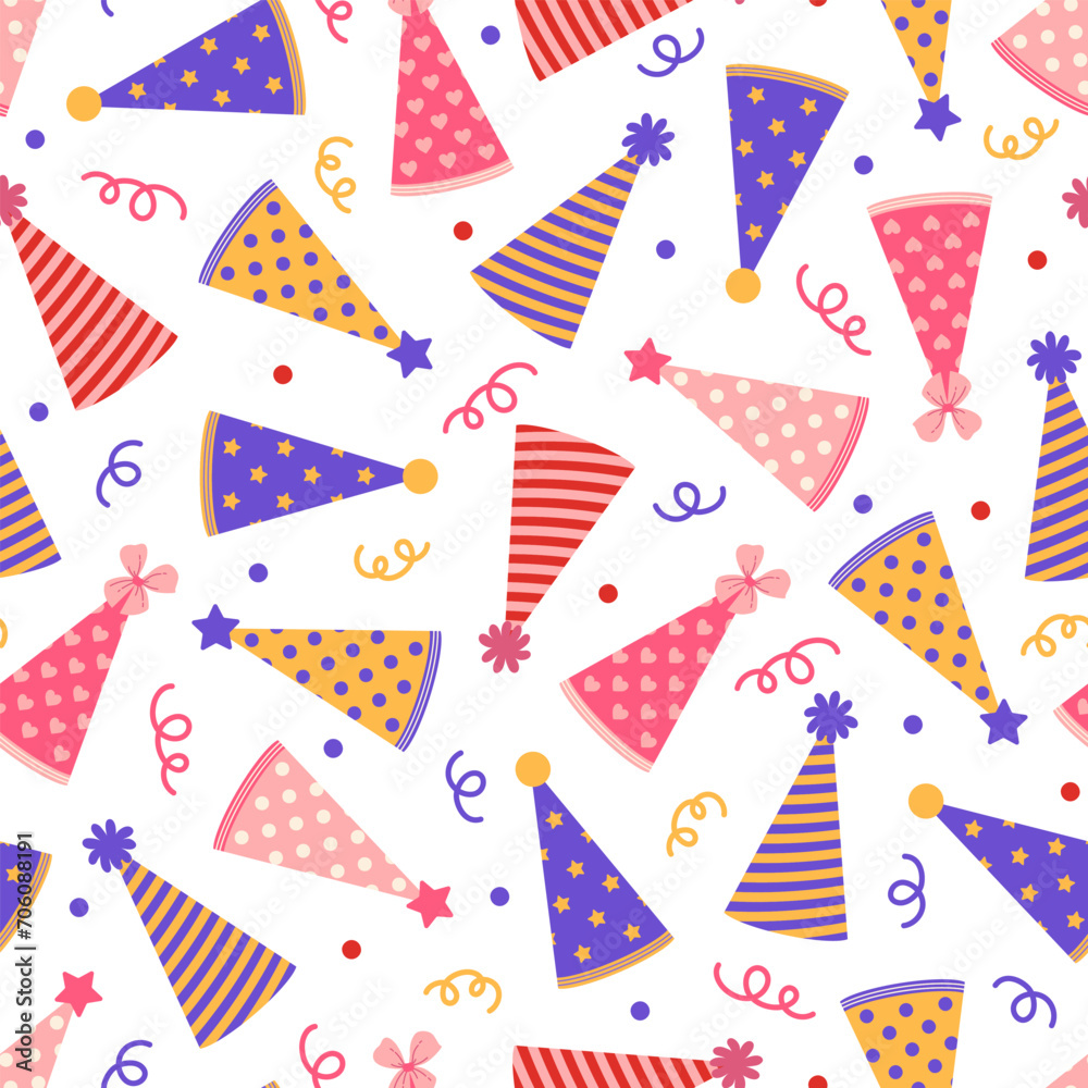 Obraz premium Party hats seamless vector pattern. Caps for birthday, festival, holiday. Cones with stripes, stars, hearts, polka dots. Paper headdress for kids, colorful confetti. Flat cartoon background for print