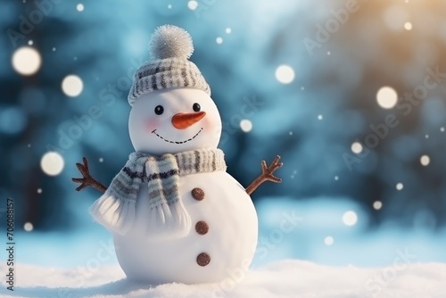Charming Handmade Snowman Dressed in a Hat and Scarf Enjoying a Snowy Winter Day © Olga