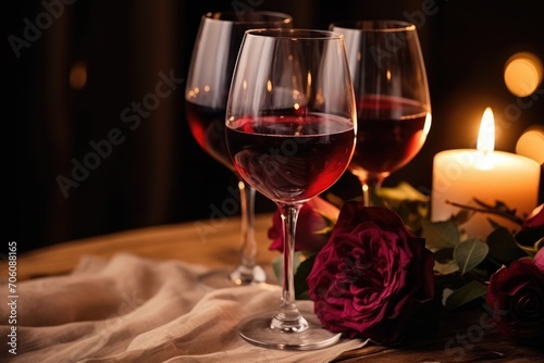Romantic Candlelit Dinner Setting With Red Wine and Roses Against a Blurred Background