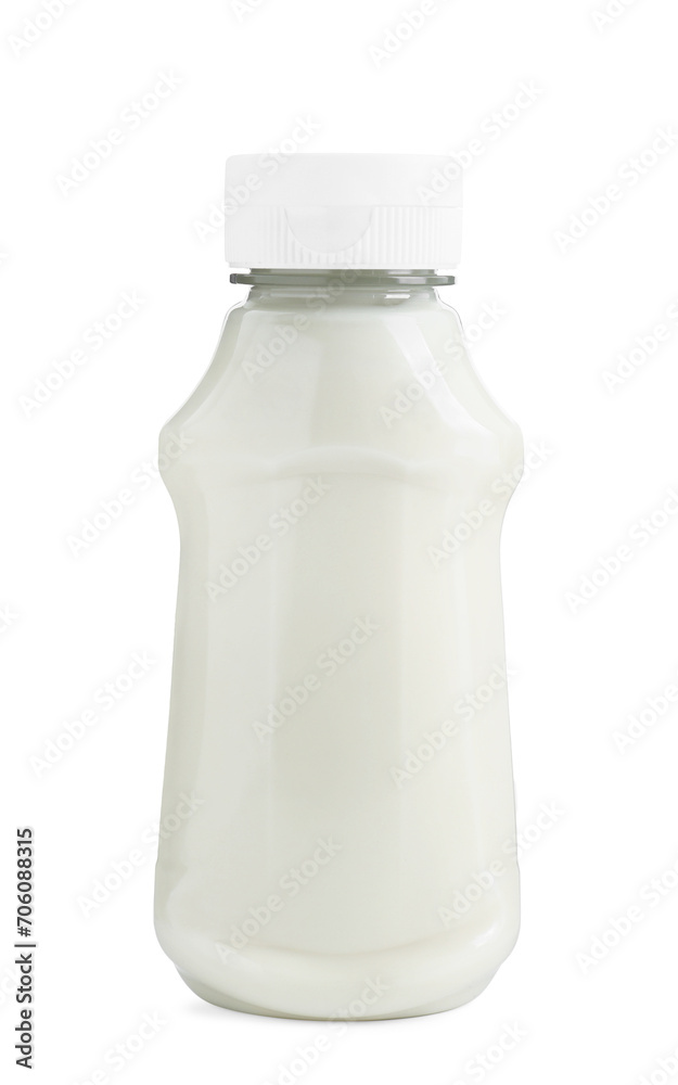 Fresh mayonnaise sauce in glass bottle isolated on white Fresh mayonnaise sauce in glass bottle isolated on white