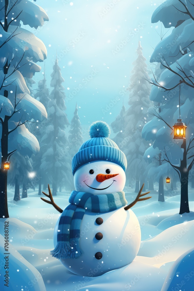 Fototapeta premium Charming Handmade Snowman Dressed in a Hat and Scarf Enjoying a Snowy Winter Day