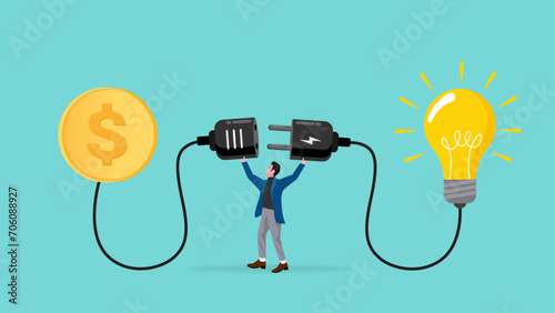 exchanging knowledge or science for money for a business or start up project, new business idea to get money, businessman connect plug with light bulb idea to money concept vector illustration