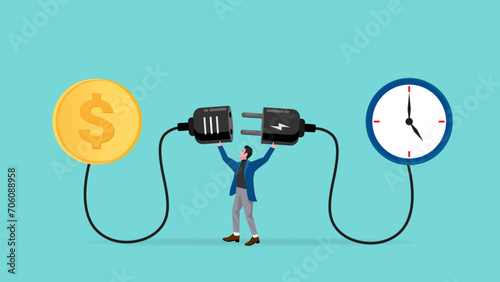 exchanging time for money and getting salary for work, time to earn, time investment to make money, businessman connect plug with time to money coin concept vector illustration with flat style design