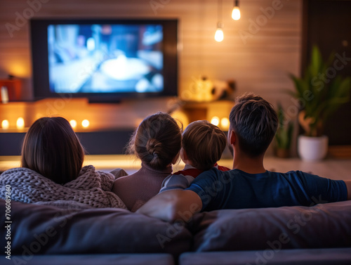 In the living room, a family sits on the couch, staring at the TV screen in front of them