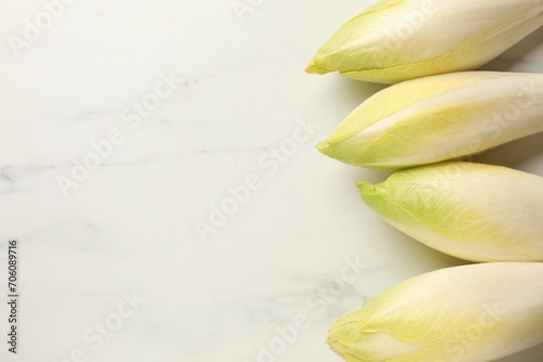 Raw ripe chicories on white marble table, top view. Space for text