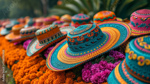 collection of colourful straw hats, Mexico, Sombrero traditional hat photo