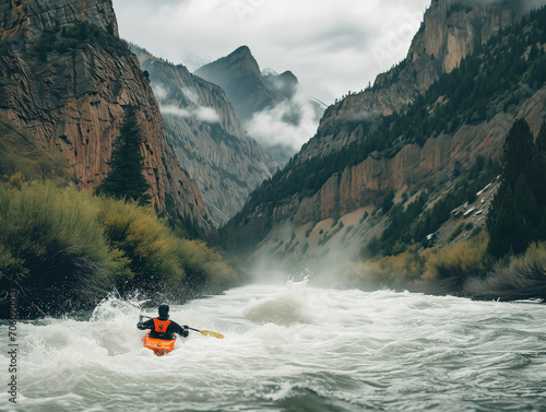 Adventurous Kayaker Navigating Turbulent River Rapids
