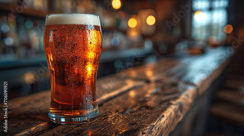 Cold beer in a glass, close up in a dark pub with a sunset light on it. Beer banner. photo