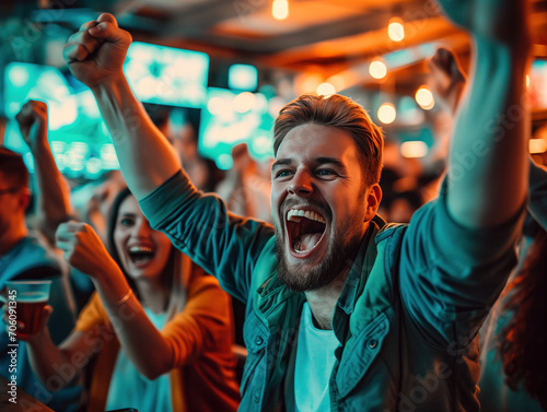 Fans gathered at a sports bar, passionately cheering for their teams as they watched a live football match. The crowd erupted in celebration when a player scored