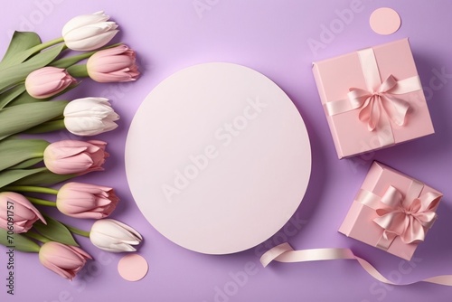 Mother's Day love concept. Top view flat lay of pink present boxes with ribbon, tulip flowers on a soft pastel purple background with empty circle for, Generative AI 