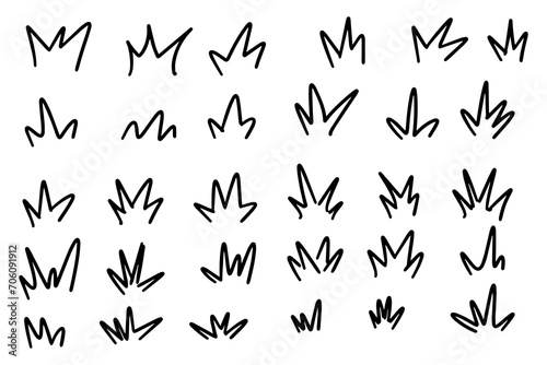 Collection of awareness, inspiration, sunburst, sun rays, surprises hand drawn isolated white background.