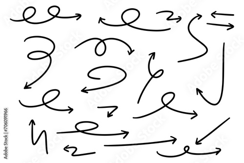 Collection hand drawn arrows. Set of vector curved arrows isolated white background. 