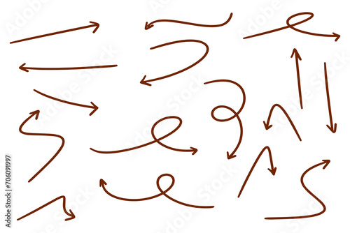 Collection hand drawn arrows. Set of vector curved arrows isolated white background. 