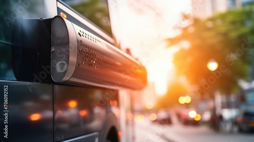 Macro shot of the lowemission exhaust pipe on an electric bus, contributing to cleaner air in the city. photo