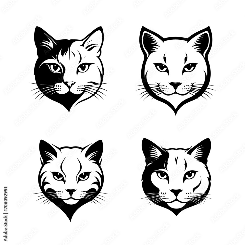 Set of cat head character vintage line art concept hand drawn illustration isolated