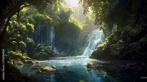Sunlight filtering through the foliage  illuminating a hidden waterfall as it gracefully flows into a serene pool below.