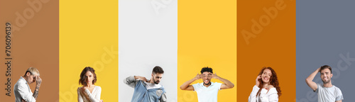 Set of stylish young people with trendy hairstyle on color background photo