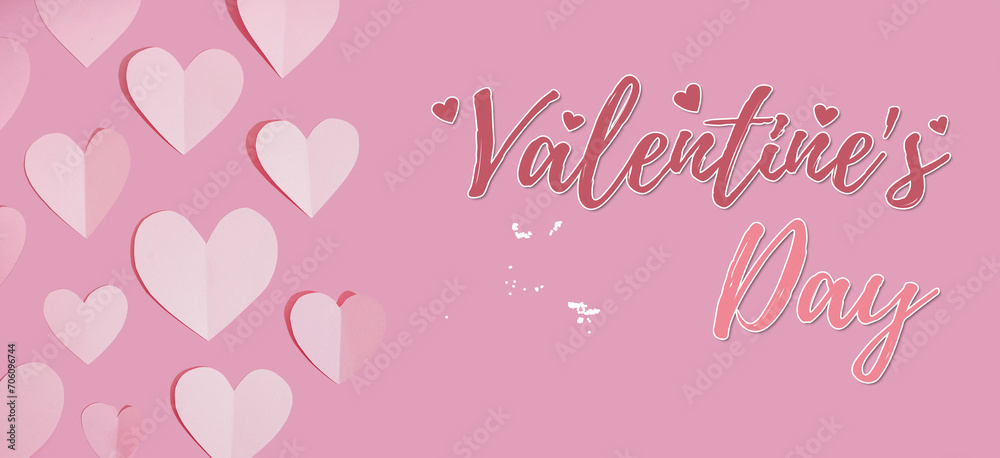 Greeting banner for Valentine's Day with beautiful paper hearts on pink background