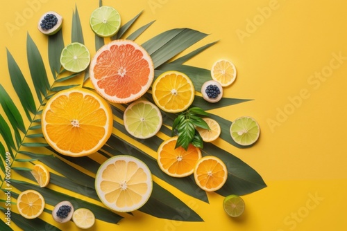 Lemonade concept. Top flat lay view photo of fresh citrus fruits - orange, lemon, lime, grapefruit, and mint palm leaves on a yellow background with an empty space for, Generative AI 