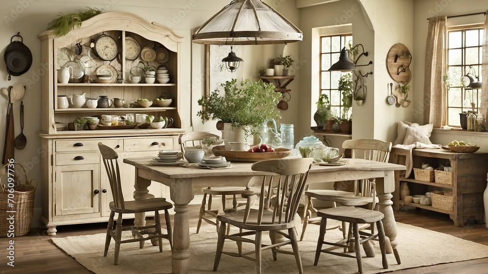Display the vintage allure of farmhouse kitchen table by highlighting unique heirloom pieces or antique finds