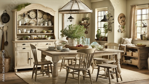 Display the vintage allure of farmhouse kitchen table by highlighting unique heirloom pieces or antique finds © mdaktaruzzaman