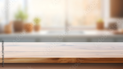 Empty beautiful wood table top counter and blur bokeh modern kitchen interior background in clean and bright Banner  Ready for product montage. Generative AI illustration