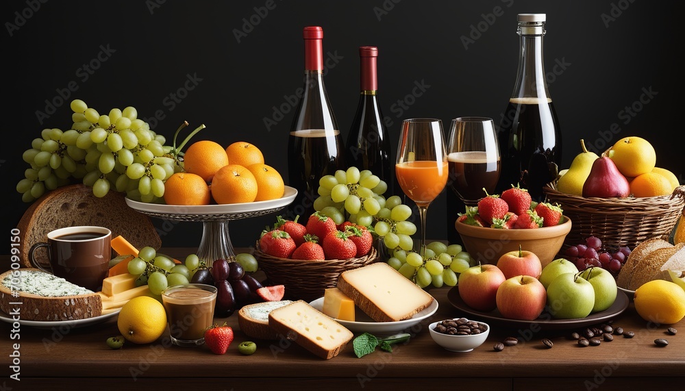 A Feast for the Eyes: Still Life with Fruits, Vegetables, Bread, Cheese, and Coffee A Feast for the Eyes: Still Life with Fruits, Vegetables, Bread, Cheese, and Coffee
