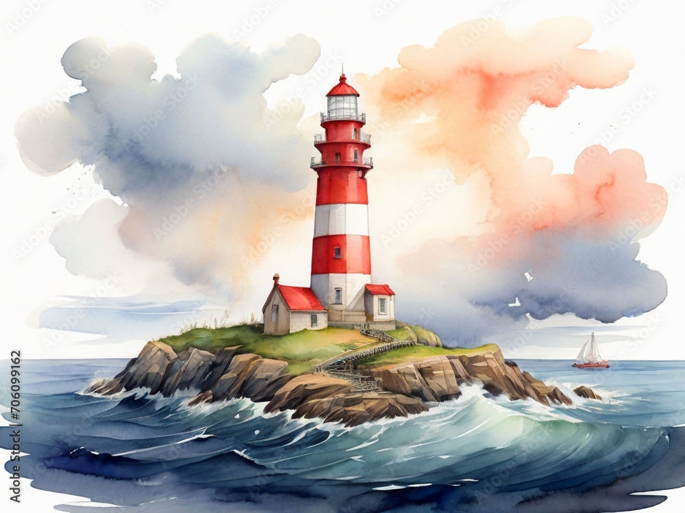 Lighthouse at sea watercolor illustration. Created using generative AI tools