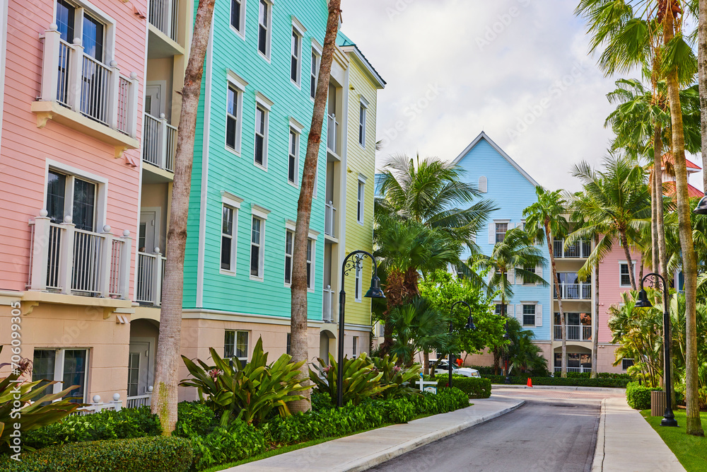 Pastel Coastal Buildings with Palm Trees, Nassau Street View