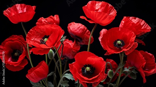 Scarlet poppies in full bloom  their vibrant red petals against a timeless black background.