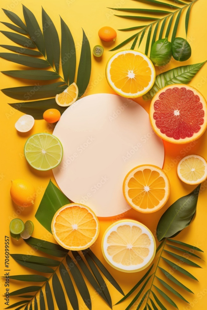 Citrus medley concept. Top vertical view of mixed citrus fruits - orange, lemon, lime, and grapefruit with palm leaves on a vibrant yellow background with empty circle, Generative AI Citrus medley concept. Top vertical view of mixed citrus fruits - orange, lemon, lime, and grapefruit with palm leaves on a vibrant yellow background with empty circle, Generative AI