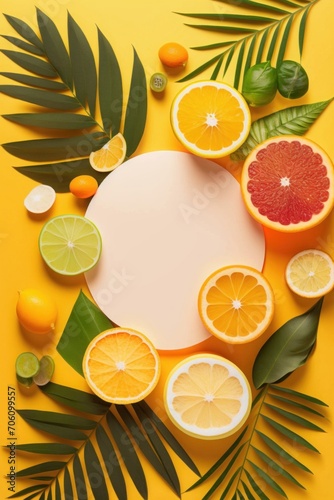 Citrus medley concept. Top vertical view of mixed citrus fruits - orange, lemon, lime, and grapefruit with palm leaves on a vibrant yellow background with empty circle, Generative AI 