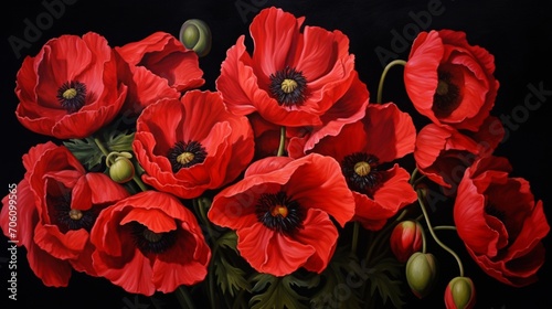 Scarlet poppies in full bloom  their vibrant red petals against a timeless black background.